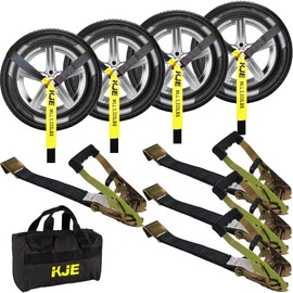 KJE 4 Pack Car Tie Down Straps for Trailers - Tire Ratchet Strap with Flat Hooks - 2" x 10' 10,000LBS Break Strength - Lasso Style Wheel Straps for Hauling UTV, SUV, Any Cars