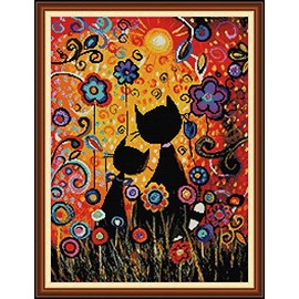 WOWDECOR Cross Stitch Embroidery Kits for Adults Kids, Cat Kitten Animals Colorful Flowers 11CT Stamped DIY DMC Needlework Easy Beginners