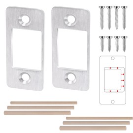 2 Pk Upgrade Large Hole Deadbolt Restorer Strike Plates, Stainless Steel Round Corner Latch Strike Plate with Wood Dowel Strips,Universal Backplate for Home Door Easy Repair Misalignment（Silver）