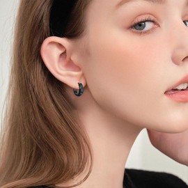 Black Earrings 925 Sterling Silver Black Huggie Hoop Earrings Abalone Gravel Earring Punk Jewellery Gifts for Women Men