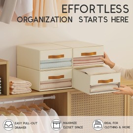 Homsorout Storage Bins with Drawers Organizer - 6 Pack Large Pull-Out Stackable Fabric Boxes with Clear Window, Foldable Closet Visible Storage Container for Bedroom, Living Room, Home Shelves, Beige