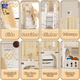 XJD 9 in 1 Toddler Slide Set, Kids Slide for Toddlers Age 1+, Toddler Climber Slide PlaySet with Basketball Hoop and Ball,Outdoor Indoor Playground for Toddlers 1-3 (Beige)