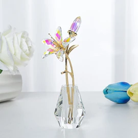 LONGWIN Fiori artificiali di giglio tigre con vaso di cristallo, statuette da collezione rivestite in cristallo AB per casa, matrimonio, idea regalo per festa della mamma, San Valentino
