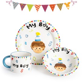 ZONEYILA Birthday Gifts For Children - Hand-Painted Boy Girl Ceramic Dessert Plate, Cereal Bowl, Mug - Ideal Gifts for Son, Nephew, Grandson over 5 Years Old, Blue