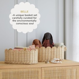 BEBE BASK Premium Scalloped Basket Set Of 2 - Scallop Basket - 16 x 10 x 7 Inch - Hand-Woven Elegant Wicker With Scalloped Edge - Nursery Storage (Natural)