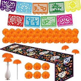 Decoraciones para el Día de los Muertos y Ofrenda para Altar, 2 piezas de Papel Picado, Camino de mesa mexicano de lino, Guirnalda de 50 caléndulas pa