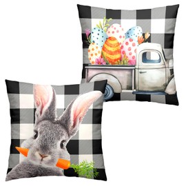Wnoesat Easter Bunny Truck Eggs Pillow Covers 18x18 Set of 2 Easter Buffalo Plaid Check Throw Pillow Covers Easter Rabbit Outdoor Pillow Cases Spring Farmhouse Cushion Cover for Home Couch Sofa
