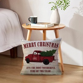 ULOVE LOVE YOURSELF 2Pack Merry Christmas Pillow Cover with Christmas Tree and Vintage Red Truck Pattern Cotton Linen Home Decorative Throw Cushion Case 18 x 18 inch (Christmas-1)