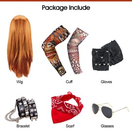 BIQIQI Rocker Outfit herren, 6pcs Herren Kostüm Rock Star 70er 80er 90er Jahre, Herren Rockstar Kostüm mit Armband Kopftuch Sonnenbrille Handschuhe Geblümte Arme Disco Rockstar Perücke für Männer Frauen