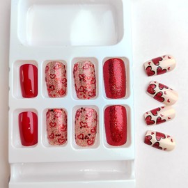 Red Glitter Love Heart Press on Nails Medium Square Valentines Day Fake Nails with Glue Red Glitter Love Heart Design False Nails Valentine Love Glue on Nails Artificial Stick on Nails for Women Girls