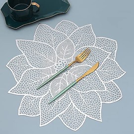 Hosoncovy 4 Pack PVC Placemats Lotus Placemats Waterproof Oilproof Table Placemats Set of 4 Decorative Placemats for Home Table Wedding Party (Silver)