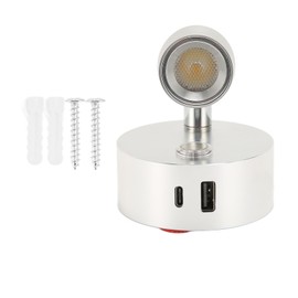 Generic 3 Color RV Wall Sconce, RV Reading Light with USB Type C Port, DC12 to 24V Swivel LED Spotlight with Quick USB Charger, Reading Lamp Polished Surface Touch Switch (Silver)
