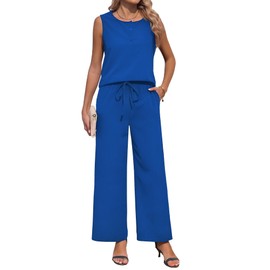 BB&KK Womens 2 Piece Outfits Summer Button Round Neck Sleeveless Top Drawstring Wide Leg Pant Sets Casual Travel Outfit Sets Royal Blue S