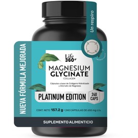 LIFE 360 Suplemento de Glicinato de Magnesio, Envase con 240 Cápsulas  Cada cápsula aporta 655 mg. Contiene colágeno hidrolizado y glicinato de...    