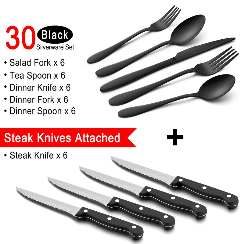 LIANYU 36-Piece Black Flatware Set with Steak Knives, Stainless Steel
