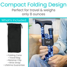Vive Folding Cane - Foldable Walking Cane for Men, Women - Fold-up, Collapsible, Lightweight, Adjustable, Portable Hand Walking Stick - Balancing Mobility Aid - Sleek, Comfortable