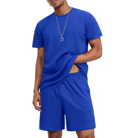 Ekouaer Mens Lounge Set Ribbed Knit Pajamas Set 2 Piece Short Set Outfits Sweatsuit Summer Soft Sleepwear Loungewear Royal Blue L