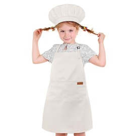 HKKDKTA Kids Aprons for Cooking,Kids Chef Hat and Apron with Large Pocket for Baking Cupcake kids Apron for 6-12 Years