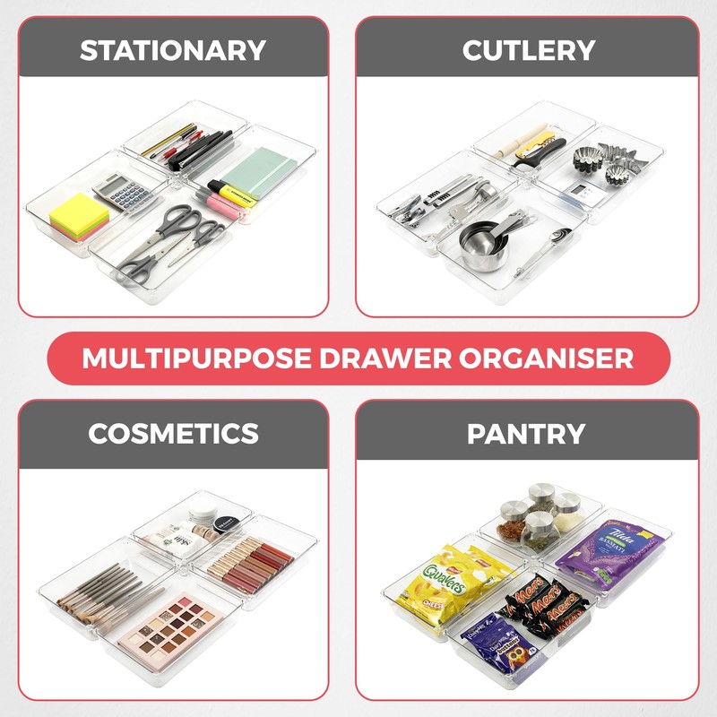 Amtido 4 Pack Drawer Organisers - Sturdy Clear Plastic -