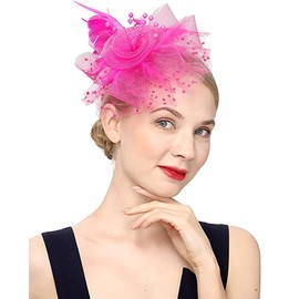 Umturmok Women's Tea Party Fascinators Mesh Flower-Shaped Pearl Feather Veil Fascinator Hats with Headband and Clip Rose Red