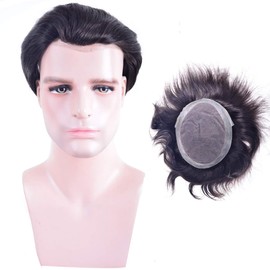 Human hair LLWear Toupee For Men with 7x9 inch Soft French Lace with 1.5" Clearly PU 360-degree, Natural Wave Men's Hairpiece Replacement System Off Black Color(#1b)