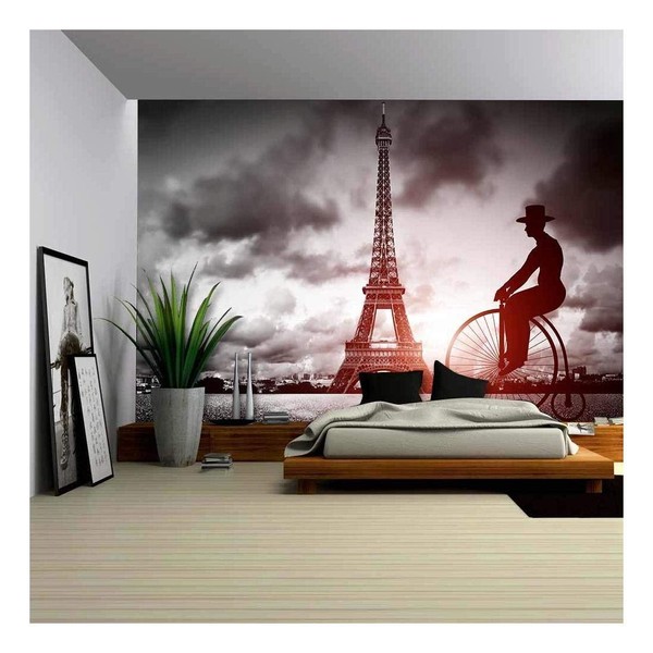wall26 - Man on Retro Bicycle Next to Eiffel Tower, Paris, France - Removable Wall Mural | Self-Adhesive Large Wallpaper - 66x96 inches