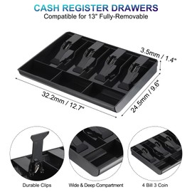 PATIKIL Cash Register Drawer Insert Tray, Removable 4 Bill / 3 Coin, 13" Money Tray Organizer for Cash with Plastic Clip for Businesses, Registers, and Classroom