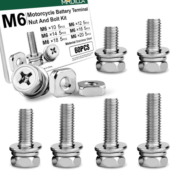 60Pcs Motorcycle Battery Terminal Nut and Bolt Kit M6*10/12/14/16/18/20mm, 304