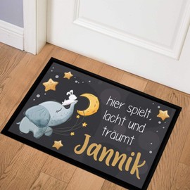 SpecialMe® Children's Bedroom Doormat, Customisable with Name, Elephant, Moon, Stars, Door Mat, Child, Non-Slip & Washable, White, 60 x 40 cm