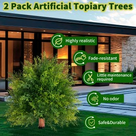 28" Artificial Cedar Topiary Ball Trees, 2 Pack Fake Plants with UV Resistant Evergreen Texture, Durable Ground Spikes Faux Shrubs Bushes Artificial Plants for Outdoor Indoor Front Porch Garden Decor