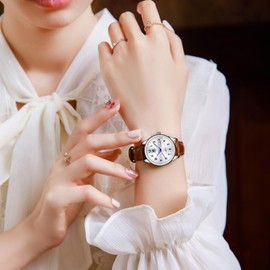 OLEVS Wristwatch, Waterproof, Women's, Fashion, Fashion, Simple, Women's, Crystal, Arabic/Roman Dial, Leather Strap, Easy to Read Watch, Cute Watch, white brown leather 5006, Classic