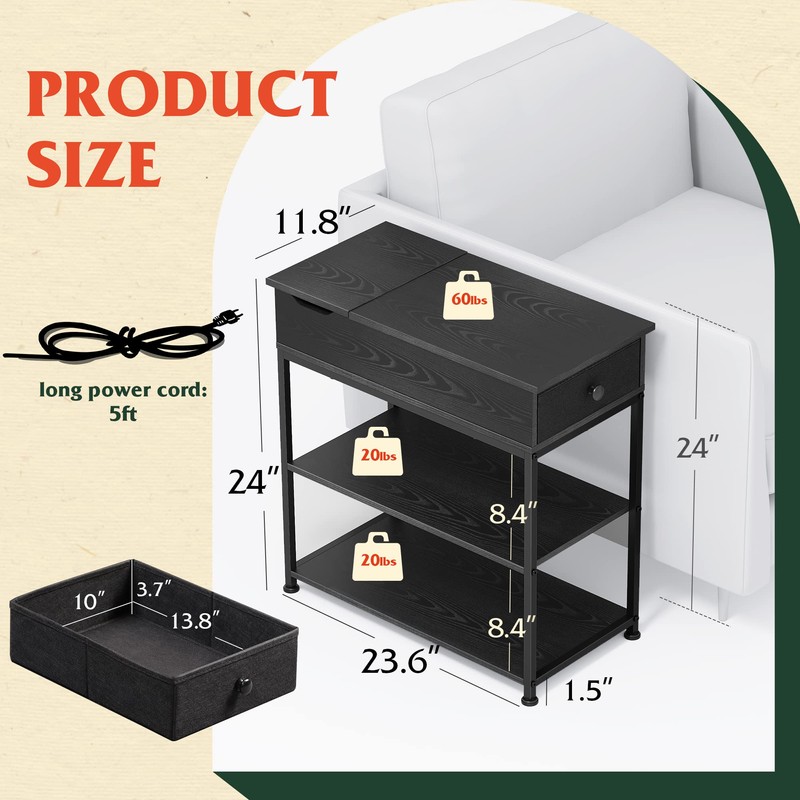 WLIVE Narrow Side Table with 2 USB Ports and 2