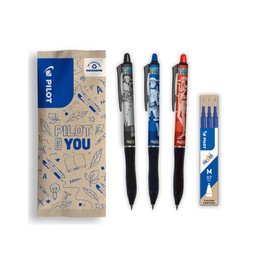 PILOT x One Piece - Set of 3 Frixion Ball Plus, Black, Blue, Red + 1 Set of 3 Blue Refills + 4 Stickers - Erasable Pens - Limited Edition One Piece - Made of Recycled Plastic - Medium Tip