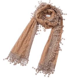 Cindy and Wendy Lightweight Soft Leaf Lace Fringes Scarf shawl for Women (Brown Floral with fringes)