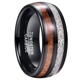 GALANI 8mm Black Men/Women Tungsten Carbide Ring with Koa Wood and Meteorite Inlay for Wedding Promise Engagement Anniversary Couple Ring Size T 1/2