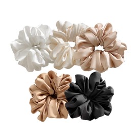OWITER 5 pcs Large Satin Scrunchies for Women Thick Hair,Lengthening Satin Scrunchies for Hair Bands for Girl and Woman,Gentle Breeze Hair Bands（white, black, beige, curry and light grey）