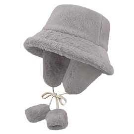 JFAN Women's Winter Plush Bucket Hat Fluffy Soft Warmer Bucket Hat for Girls, gray