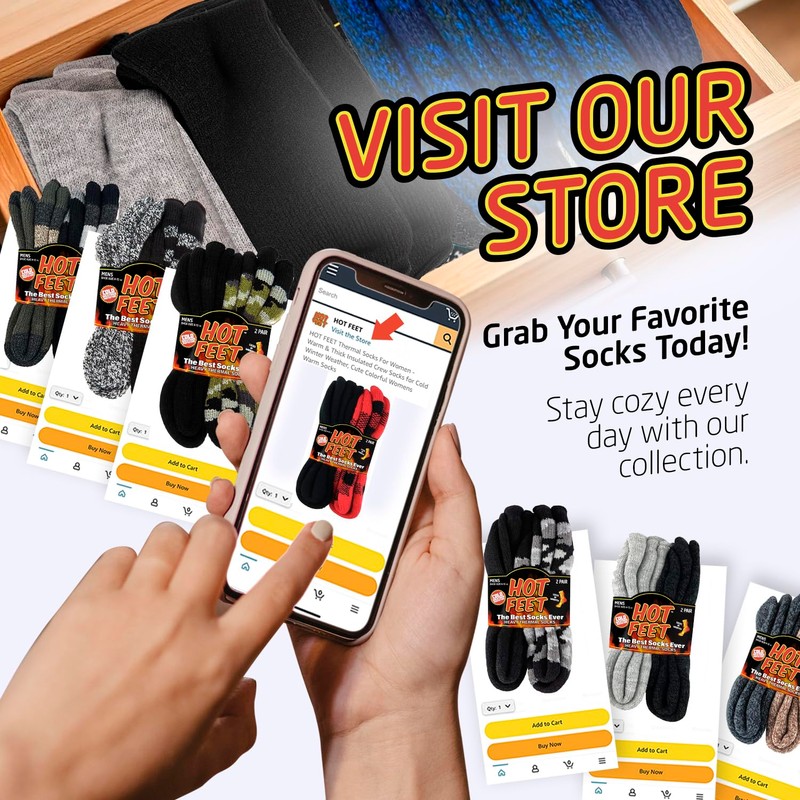 HOT FEET Thermal Socks for Men, Extreme Cold Weather, 2/4