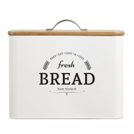 Extra Large White Farmhouse Bread Box for Kitchen Countertop - Breadbox Holder Fits 2+ Loaves - Bread Storage Container Bin - Rustic Bread Keeper Vintage Metal Kitchen Decor (White with Wood Lid)