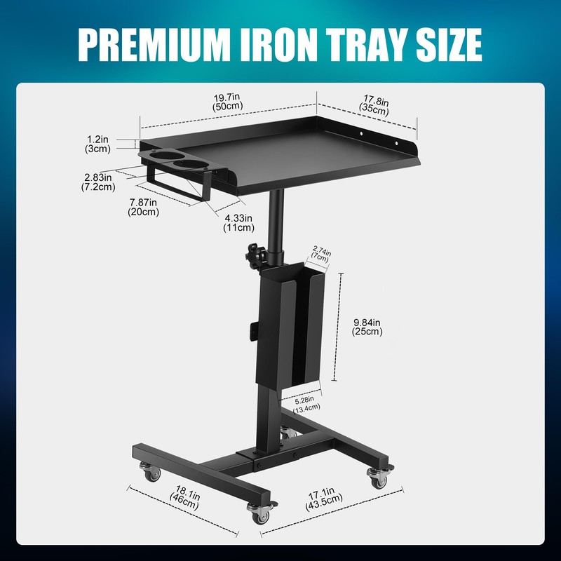 POARMEEY Premium Iron Tattoo Tray on Wheels Trolley Adjustable Height,