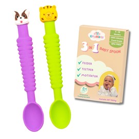 Little Grubbers 3-in-1 Silicone Baby Spoon Self Feeding 6+ Months - Pediatric OT Designed Teether Spoon, BPA Free Toddler Utensils, Mess-Free, Fun for Baby Led Weaning Supplies, Dog & Tiger