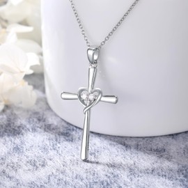 PYTALI Diamond Cross Necklace for Women S925 Sterling Silver Heart Lab Grown Diamond Cross Necklace Jewelry for Women