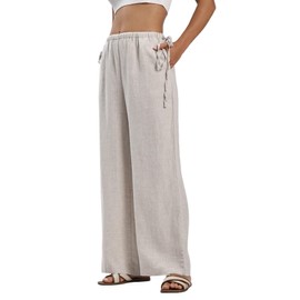 Amazhiyu Women's 100% Linen Wide-leg Pants Summer Casual Lounge Palazzo Pockets Flax, Small