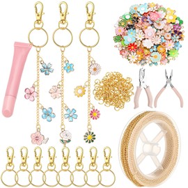 VioraWhite 213 Pcs Lip Gloss Keychain Making Kit 100 Pink Enamel Charms 32.81 ft Gold Chains for DIY Crafts Women (Floral)