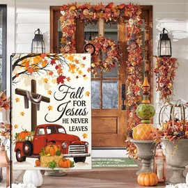 Shuitouk Fall for Jesus He Never Leaves Garden Flag Fall Pumpkin Garden Flags for Outside 12x18 Double Sided 3Ply Polyester Autumn Thanksgiving Garden Flag House Yard Sign Decorations