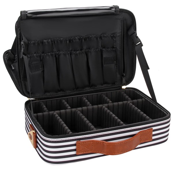 Relavel Makeup Bag Travel Makeup Train Case 13.8 inches Large Cosmetic Case Professional Portable Makeup Brush Holder Organizer and Storage with Adjustable Dividers and Shoulder Strap(Stripe)