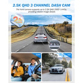 Dash Cam Front and Rear, 2.5K+1440P Triple Car Camera with 32GB Card, 3 Channel Dash Camera for Cars, G-Sensor, 3.16” IPS Screen, 24Hr Parking, 170°Wide Angle, Loop Recording, IR Night Vision, Blue