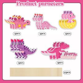 15pcs Pink Dinosaur Centerpieces Sticks,T-Rex Happy Birthday Table Tooeros for Girls Dino Theme Birthday Party Supplies