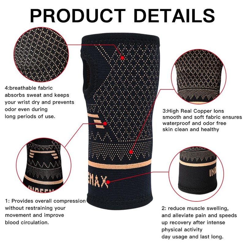 INDEEMAX Copper Wrist Compression Sleeve 1 Pair, Comfortable Hand Brace
