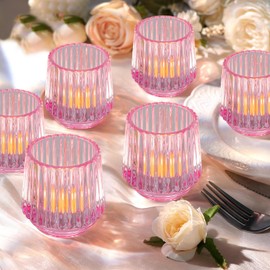 SHOHAYTO 6 Pcs Pink Amber Glass Votive & Tea Light Candle Holders, Ribbed Glass Candle Holders for Table Centerpieces, Wedding, Baby Shower, Home, and Party Decorations
